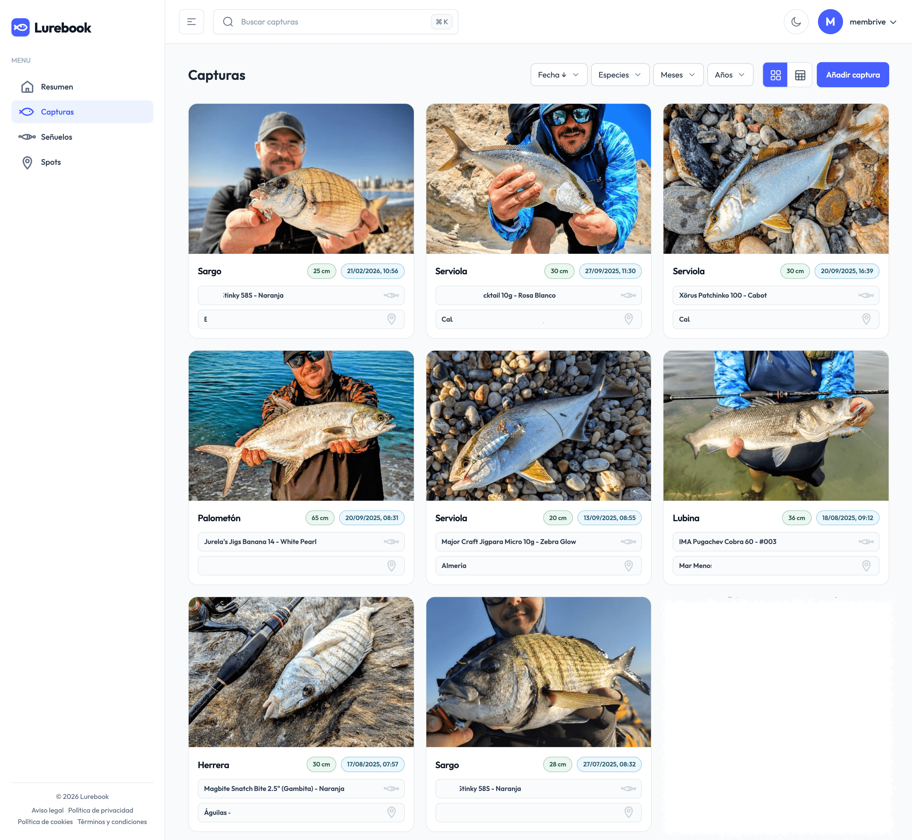 Lista visual de capturas en Lurebook